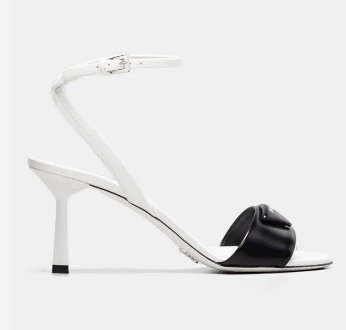 Prada Slingback Heels Sandal Triangle Logo Black White Sz 35