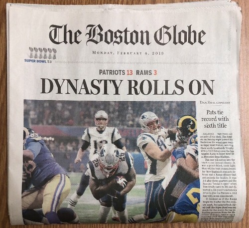 New England Patriots Super Bowl LIII "Dynasty Rolls On" Boston Globe Zeitung - Bild 1 von 4
