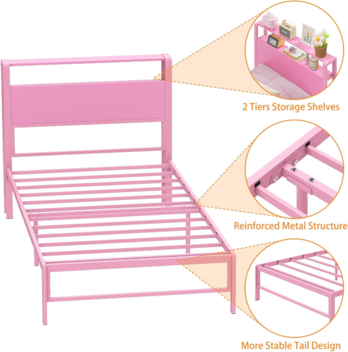 Twin Size Bed Frames W/2 Tiers Wood Shelves Headboard Metal Platform Bed Frame - Picture 6 of 6