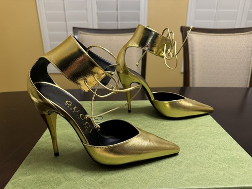 New Gucci High Heel Ankle Strap Leather Gold Pumps Shoes Size 37 / US 7 - Picture 3 of 17
