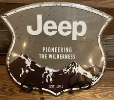 Jeep Sign Pioneering the Wilderness w/ Mountains and Est. 1941 Gift for Man Cave