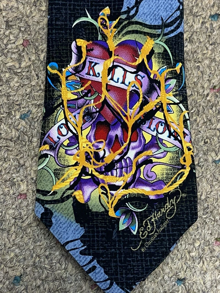 Corbata de seda Ed Hardy por Christian Audigier para hombre Love Kills Slowly Skull 3"x60" Foto 4 de 4