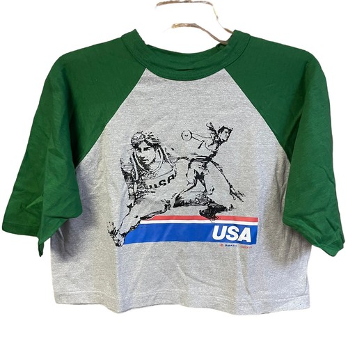 Vintage 80s 5050 Summer Olympics USA Gray Green Crop Top Tee Shirt NOS Womens XL - Picture 1 of 4