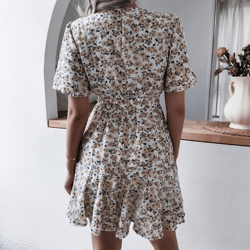 Womens Summer Beach Holiday Mini Dresses V Neck Floral Ruffle Casual Wrap Dress - Picture 9 of 18
