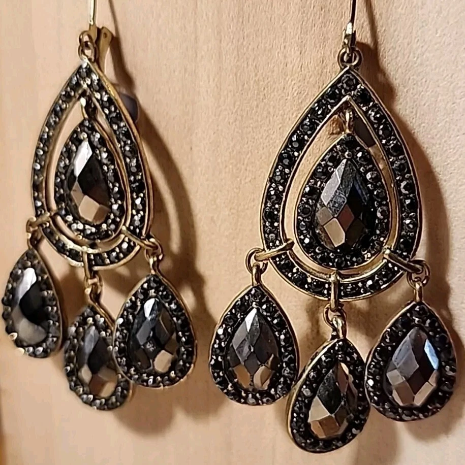 Avon Embellished Hematite Colored Chandelier Clip Earrings  - Image 2 of 4
