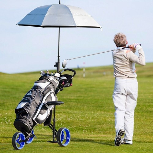 Foldable 3 Wheel Push Pull Golf Club Cart Trolley with Seat Scoreboard Bag Navy - Picture 3 of 12