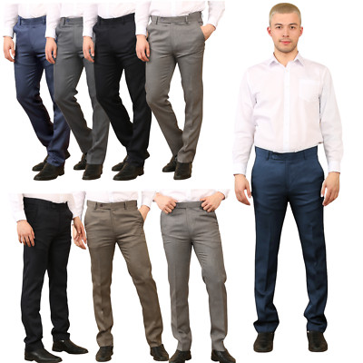 MENS EXPANDABLE WAIST CLASSIC FIT DRESS TROUSERS FLAT FRONT HIDDEN ...