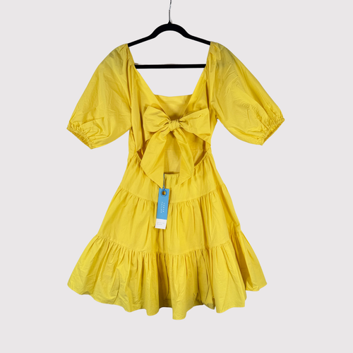 Neu mit Etikett Tanya Taylor Kleid gelb Carly Mini Stufen Puff hinten offen Schleife A-Linie Größe 2 - Bild 3 von 12