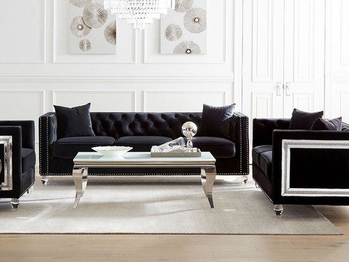 Mid Century Modern Black Velvet Sofa & Loveseat Set - Living Room Furniture IG7O Image
