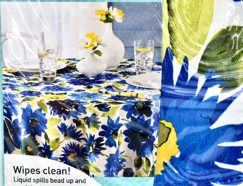 Blue Floral Indoor/Outdoor Tablecloth,polyester,60"x84" Wipes Clean! - Picture 4 of 4