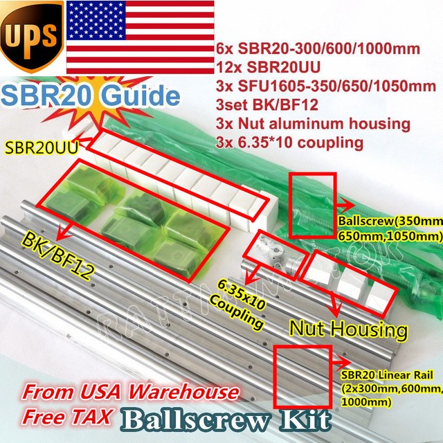 SBR20-600mm 2 linear rail+ballscrew RM1605-650mm+1 set BK//BF12 end bearing CNC