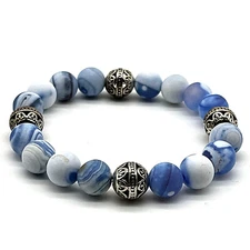 Handmade 10mm Blue & White Matte Agate Gemstone Balancing Bead Bracelet