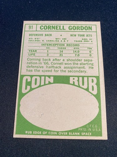 1968 Topps Football #91 Cornell Gordon!! ¡ENVÍO DE $1!!  - Imagen 2 de 2