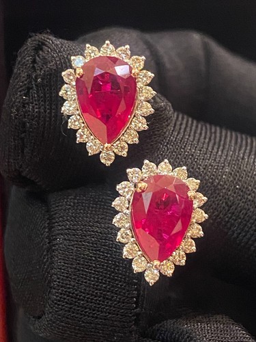 Pave 5.60 Cts Round Brilliant Cut Diamonds Pear Ruby Stud Earrings In 14K Gold - Picture 9 of 12
