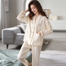 Womens Pajama Set V-neck Soft Long Sleeve Pajamas Long Pants 100 Cotton M Size