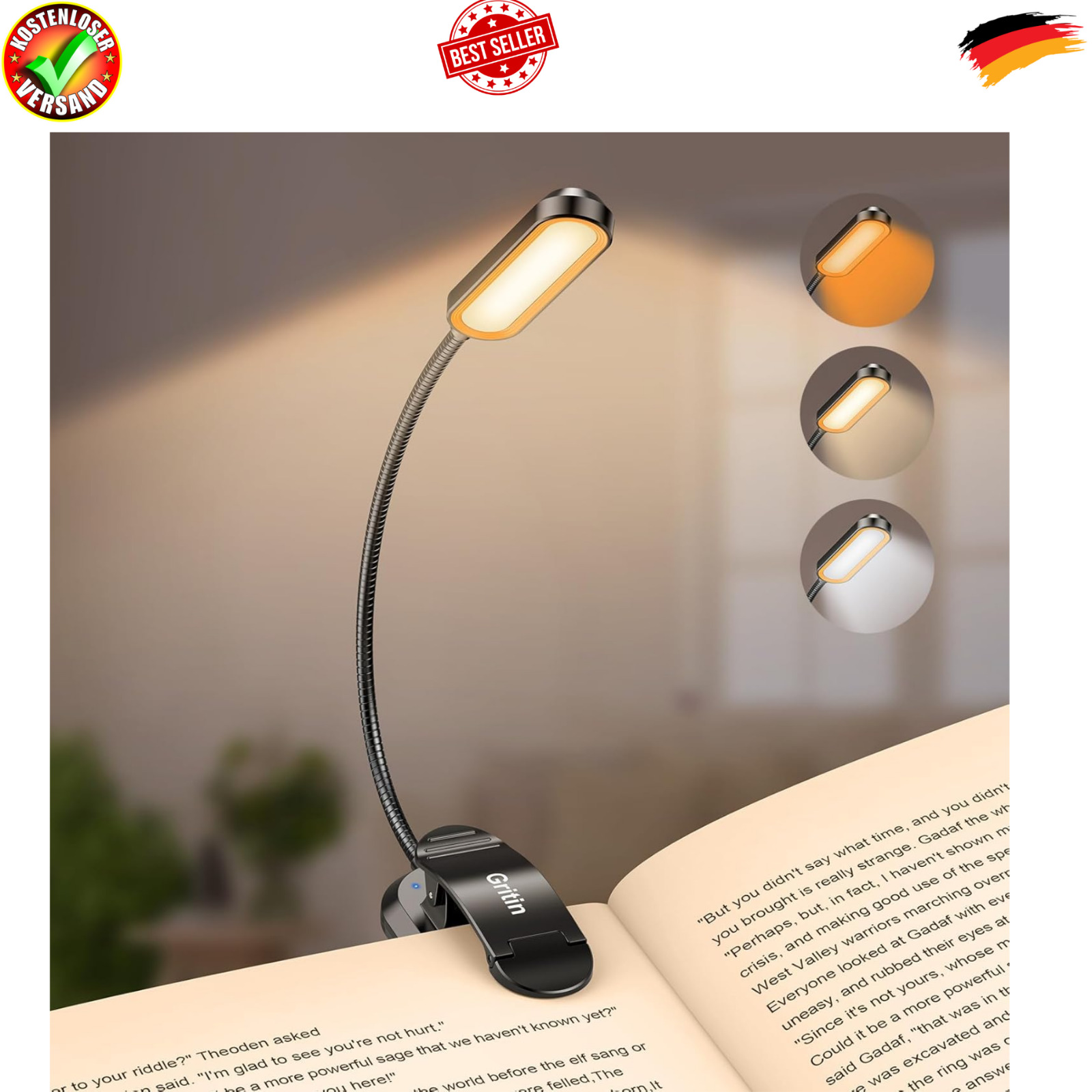Gritin Leselampe Buch Klemme mit 11 LEDs LED Buchlampe USB C Wiederaufladbar