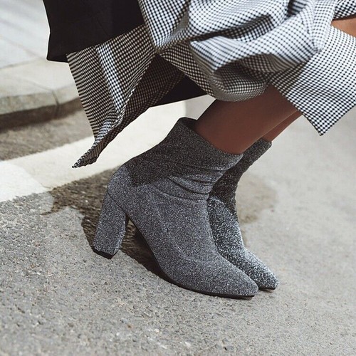 Nuevo Mujeres Botines Tacones Cuadrados Botas Tirar Botines Zapatos Mujer Talla 4-16 - Imagen 4 de 13