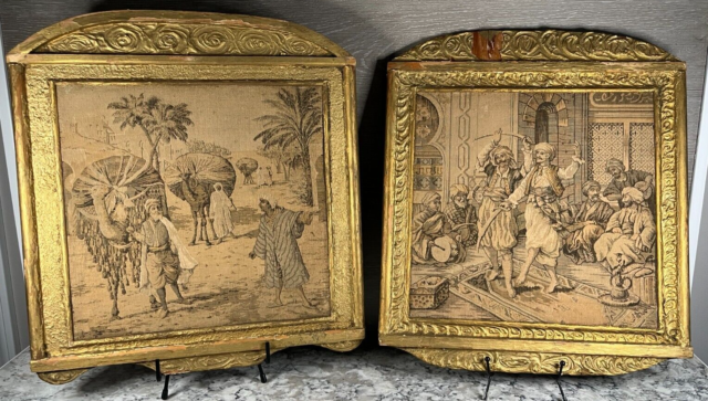 Antique 18th Century Moroccan Men w/ Camels & Music Scene Tapestry in Wood Frame Antique 18th Century Moroccan Men w/ Camels & Music Scene Tapestry in Wood Frame