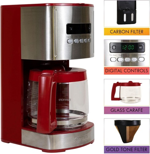 Stylish Red 12 Cup Drip Coffee Maker with Programmable Timer & Aroma Feature - Picture 6 of 10