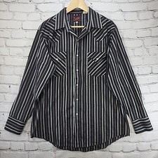 Plains Western Wear Shirt Mens Size L Pearl Snap Black Striped Cowboy Rodeo VTG