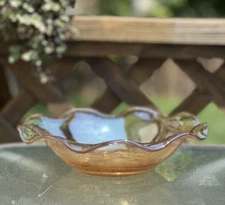 Peach Iridescent Ruffled Edge Fruit Bowl Jeannette Floragold Carnival Glass
