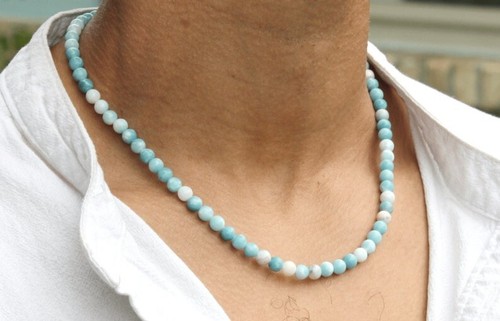 Blue Larimar Smooth Round Gemstone Healing Beaded Beautiful Men Necklaces 18'' - 第 2/12 張圖片