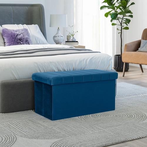 Seville Classics Blue Velvet Bench Storage Ottoman, 30 " W x 15.7 " D x 15.7 - Picture 5 of 10
