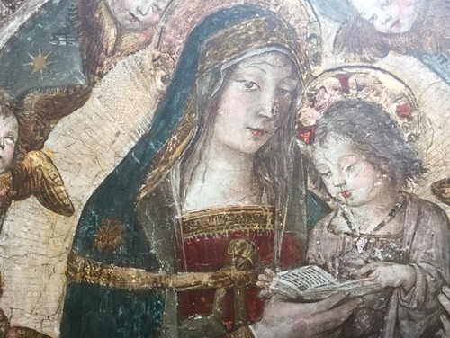 Icono de recuerdo católico Virgen y niño con querubines 1957 enmarcado sin vidrio - Imagen 6 de 12