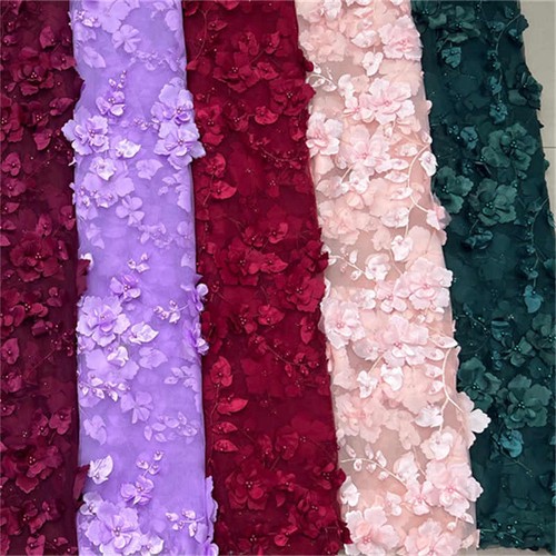 3D Flower Mesh DIY Handmade Lace Clothing Fabric Beaded Embroidery Fabric - Picture 9 of 29