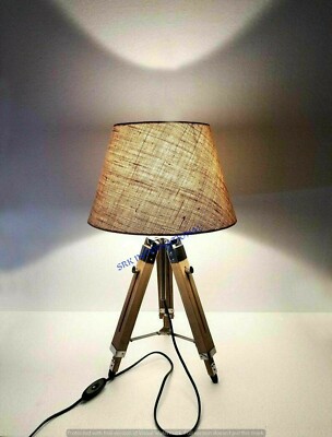 Nautical Vintage Wooden Table Desk Lamp Tripod Stand With Jute Shade Home Decor Nautical Vintage Wooden Table Desk Lamp, Vintage Wooden Table Lamp Shades