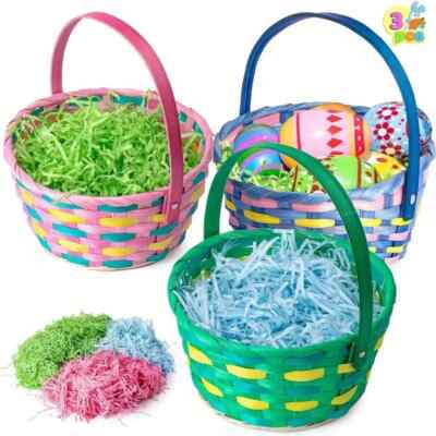 3pcs Easter Woven Goodie Basket for Egg Hunt (7.7X8.5 inches) with Colored Grass