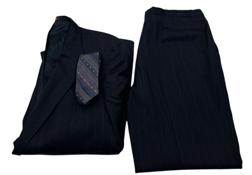 Stafford Suit 2 Piece Gray Straiped Jacket 46L Pants 38X30 + FREE SILK TIE - Picture 2 of 14