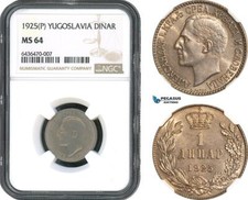 AH499, Yugoslavia, Alexander I, 1 Dinar 1925 P, Poissy Mint, NGC MS64
