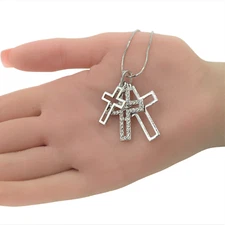 Crystal Triple Cross Pendant Necklace White Gold