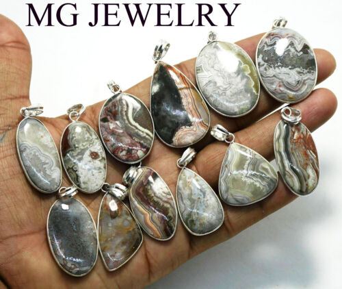 20 PCs Lot Natural Red Crazy Lace Agate Gemstone Silver Plated Bezel Pendants - Picture 2 of 5