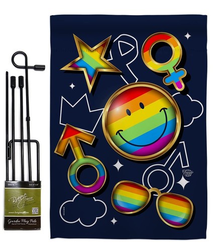 Happy Face Pride Garden Flag Set with Stand Support Rainbow Love LGBT Gay Bis...