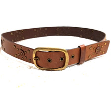 VTG Calvin Klein LEATHER BELT Medium BROWN Brass Buckle STUDDED India FAST SHIP