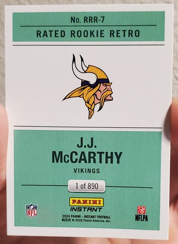 JJ J.J. MCCARTHY 2024 Panini Instant RC NFL RATED ROOKIE RETRO MINNESOTA VIKINGS - Picture 2 of 2