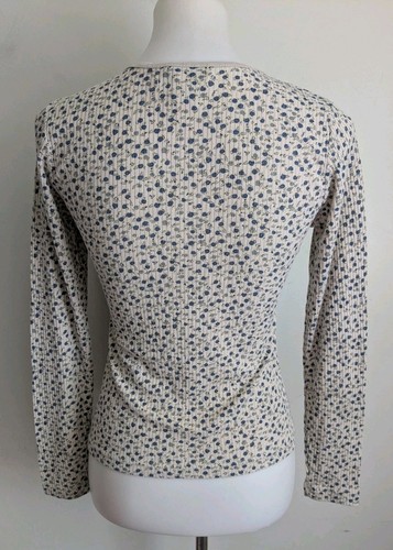 Vintage Women's Fitted Shirt Thermal Waffle 80s 90s Blue Floral Roses XS S EUC - Picture 6 of 8