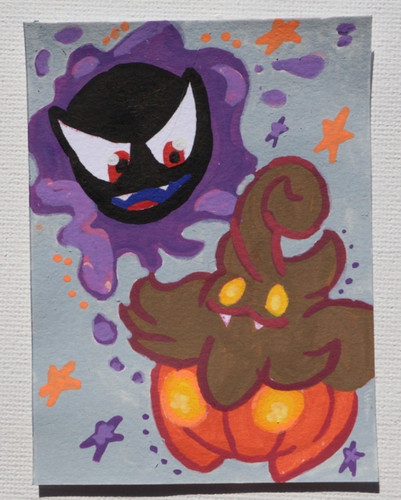 Original ACEO Ghastly+Pumpkaboo Pokemon  2.5 x 3.5 Obscure.Artist Acrylic ATC
