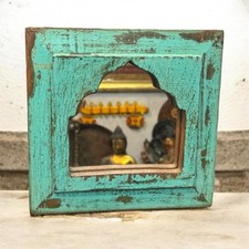 Antiguo marco de espejo de madera vintage turquesa arqueado ventana colgante de pared 8x8"