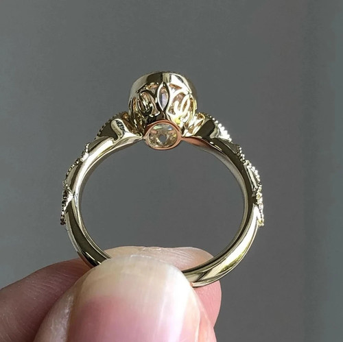 Oval Cut Diamond Engagement Ring Vintage Style 14K Yellow Gold Milgrain Halo - Picture 3 of 5