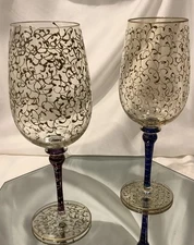 Pier 1 Gold Scrolls 9.25" Wine Glass Goblets EUC Blue Purple Stems - Set of 2