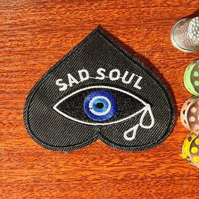 Emo Patch Sad Soul Black Heart Teary Eyes Goth Embroidered Iron On 2.75x3.25''