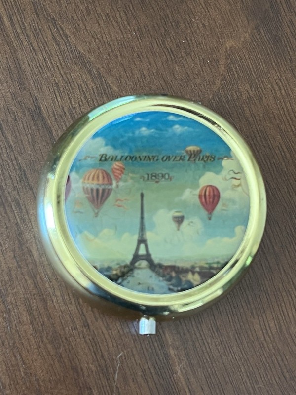 Vintage Balloons Over Paris 1890 Eiffel Tower Gold Tone Pill Or Trinket Box