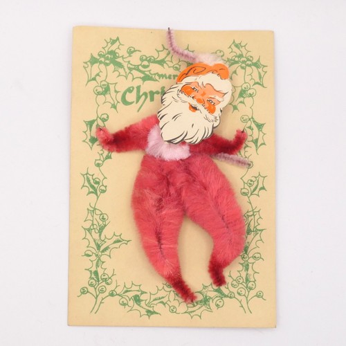 1940s DEADSTOCK Vintage Chenille Pipe Cleaner Santa Ornament on Original Card - Picture 1 of 3