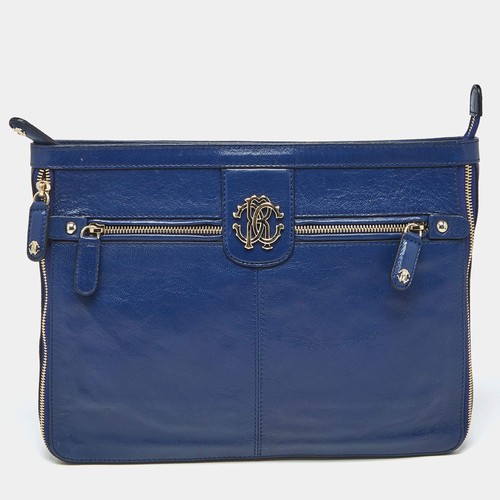 Roberto Cavalli Blue Leather RC Zip Around Clutch