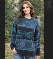 Vintage 90s Floral Knit Sweater Small Green B...