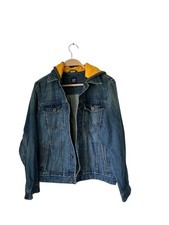 Gap Kids boys denim jeans jacket hooded XXL 14-16 preppy blue/yellow knit hood