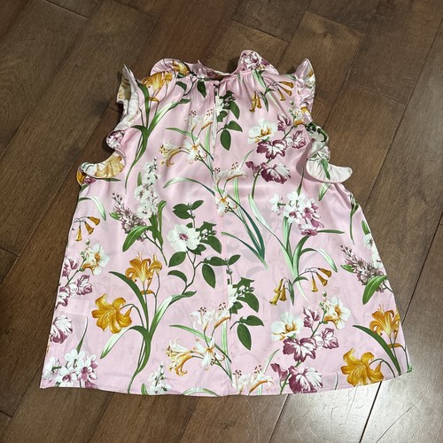 CHRISTY LYNN Pink Floral Blouse Womens XS 100% Silk Sleeveless Delicate Ruffles - Picture 9 of 19